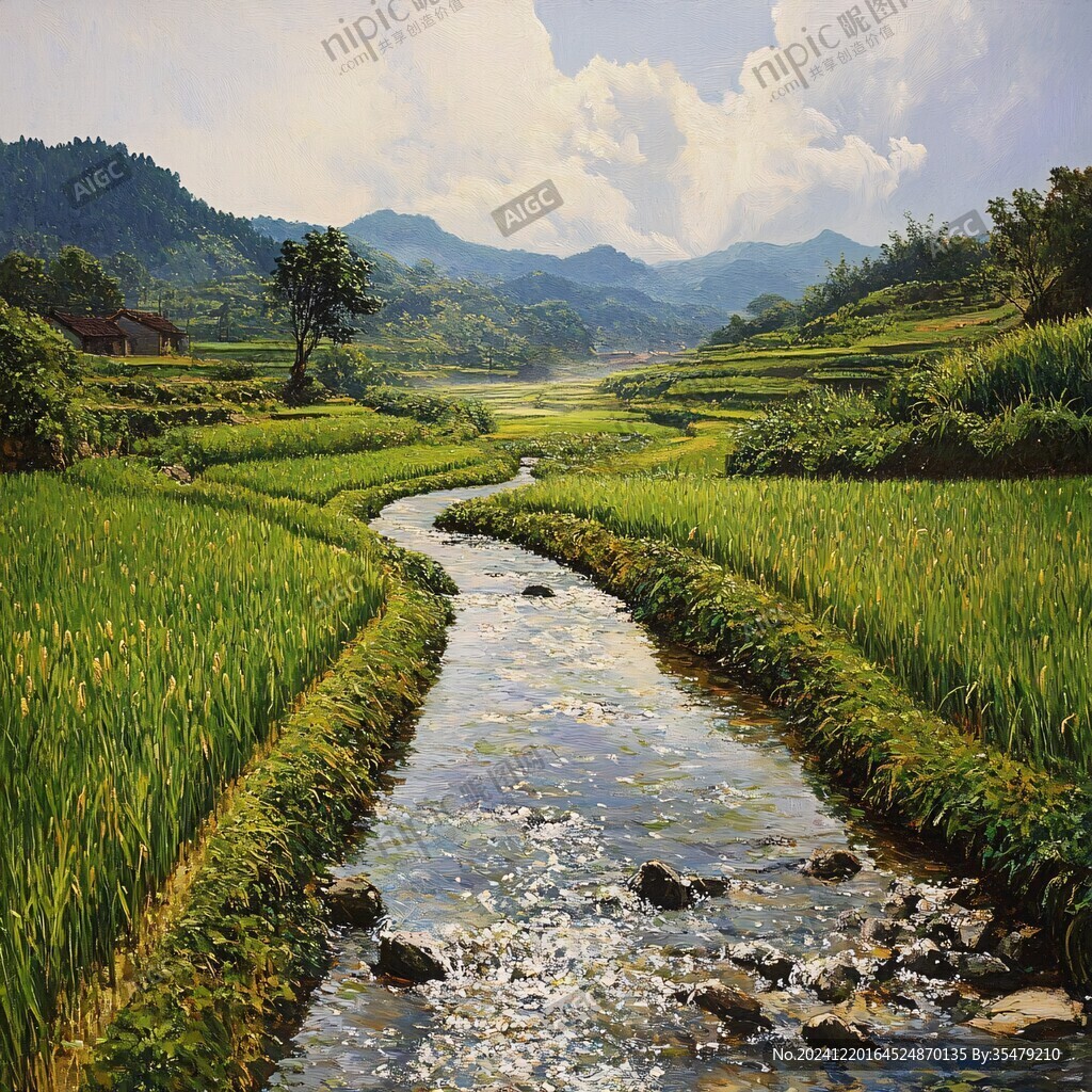 水稻田油畫