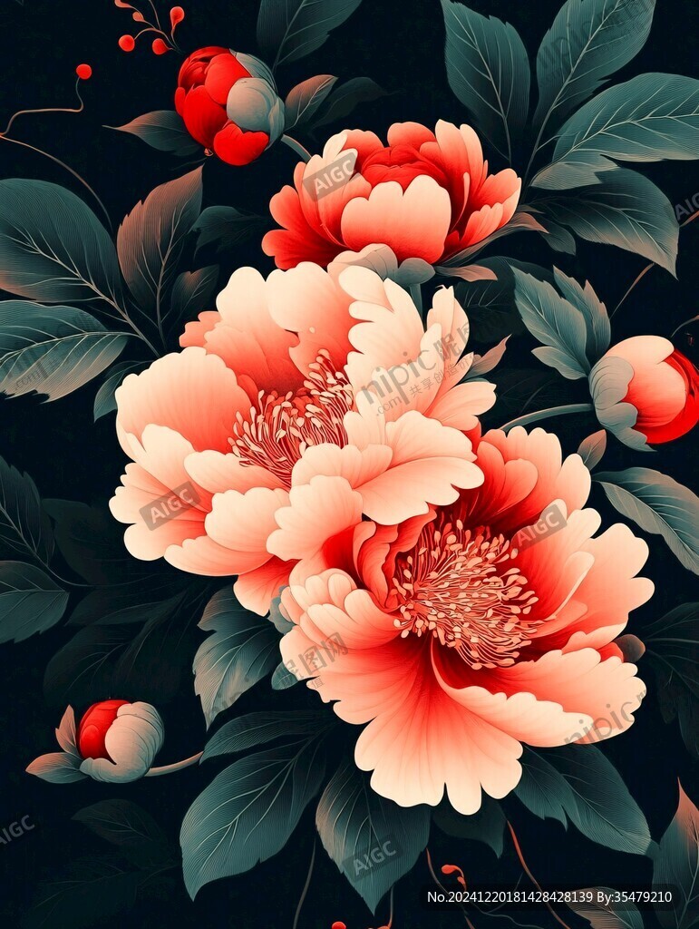 手繪質感牡丹花