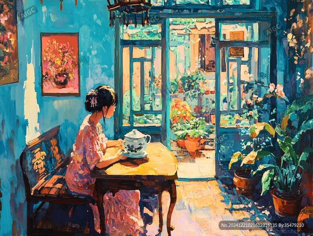 美人倚窗插畫