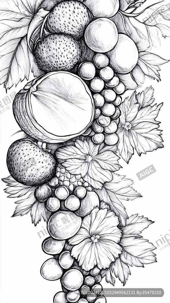 線描葡萄菠蘿獼猴桃