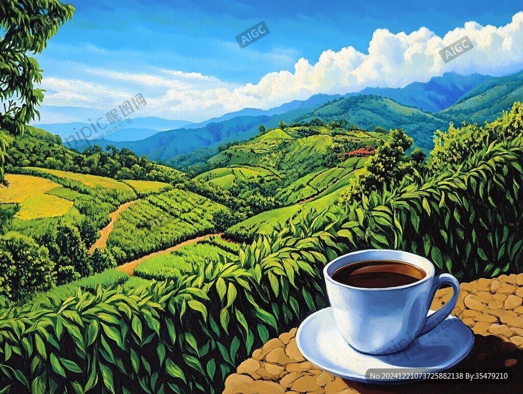 山水畫茶樹茶杯茶園