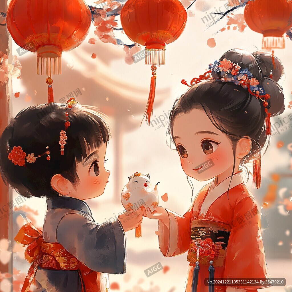 古風漢服q版女孩過年
