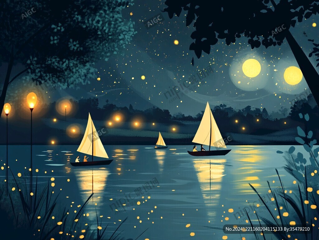 插畫(huà)夜景湖泊