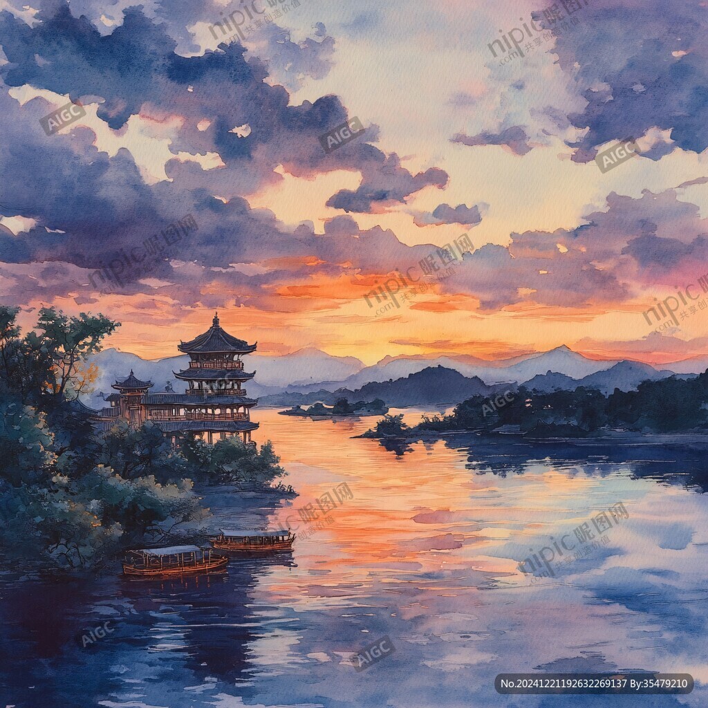 插畫橫店水彩水墨山水