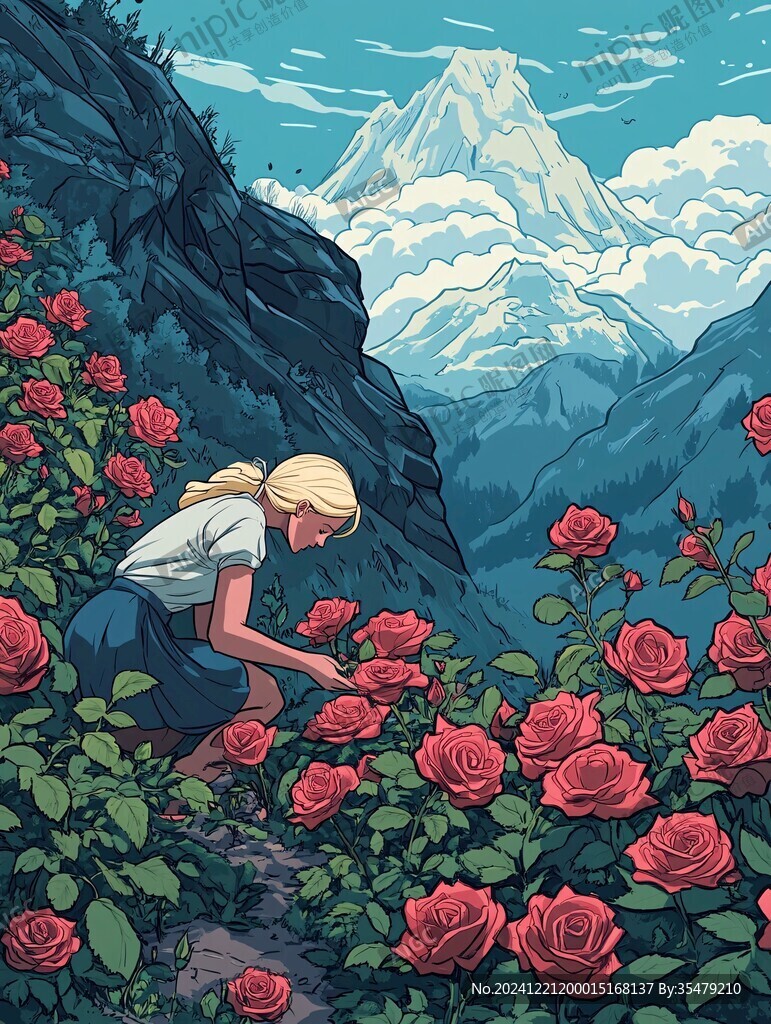 玫瑰花插畫女孩