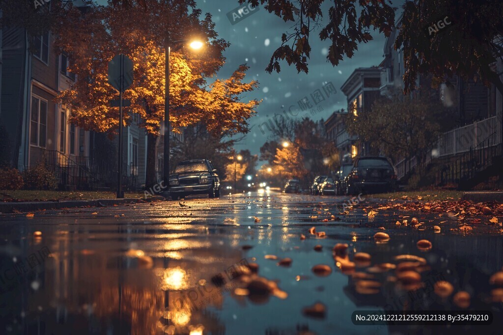 秋雨街道落葉