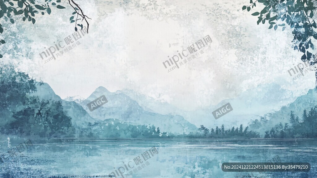 手繪湖水夢幻背景壁畫