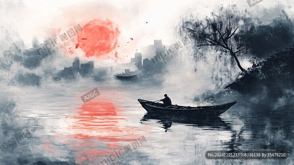 紅色小舟水墨畫