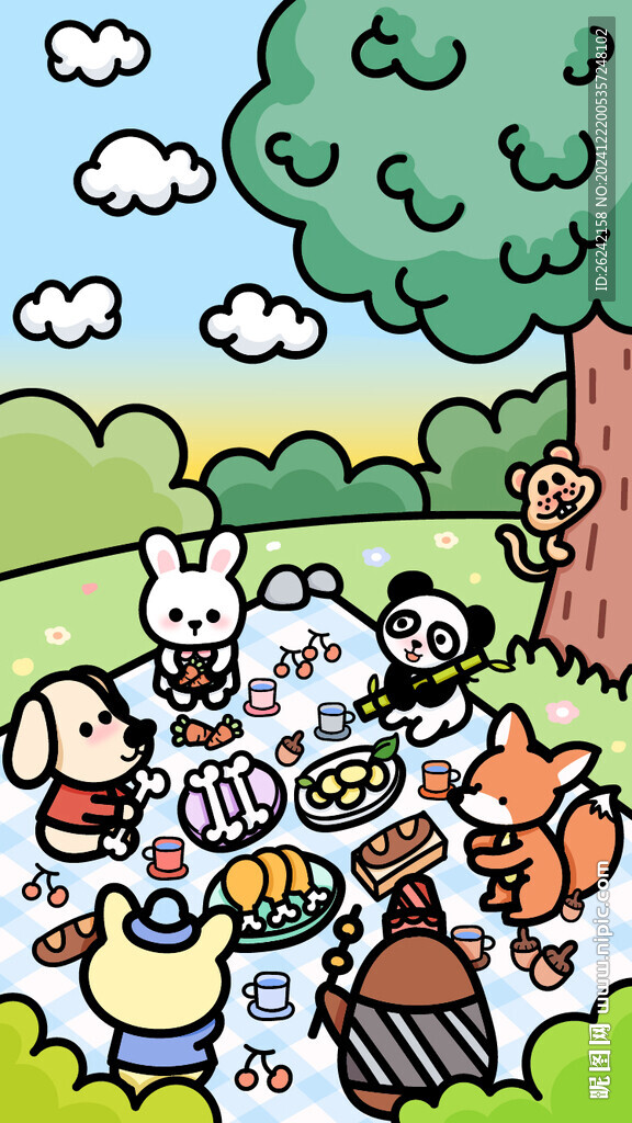 卡通小動物野餐矢量插畫