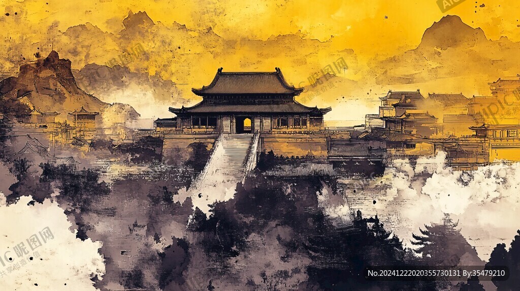 插畫(huà)橫店水彩水墨山水