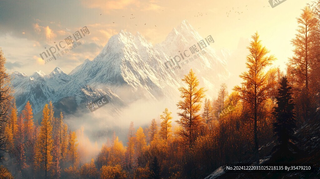 深秋白雪山峰森林黃葉