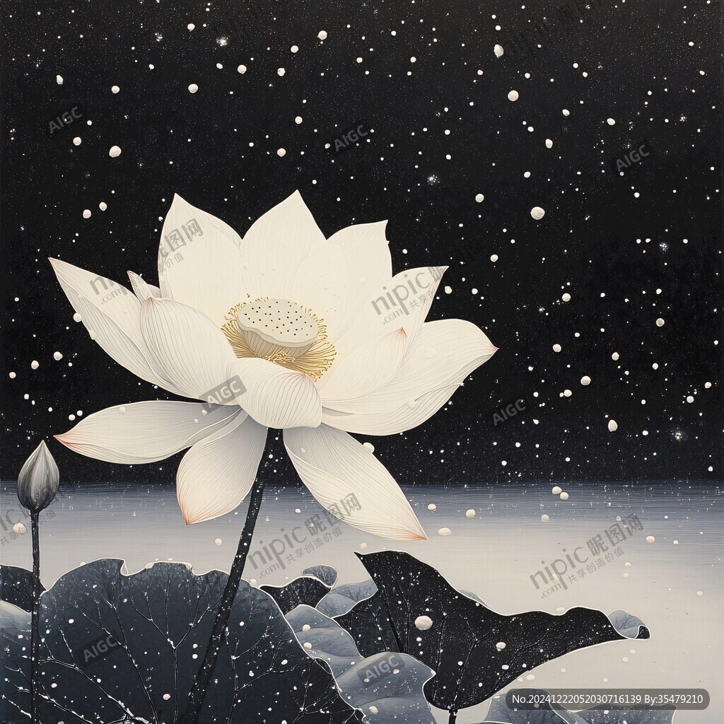 深藍(lán)背景荷花圖