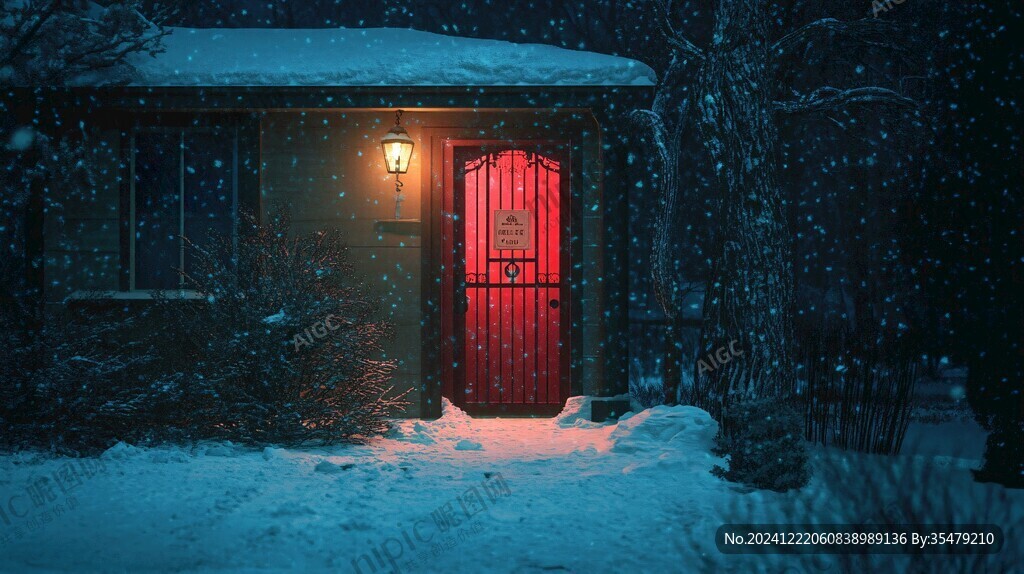 木屋積雪紅燈籠