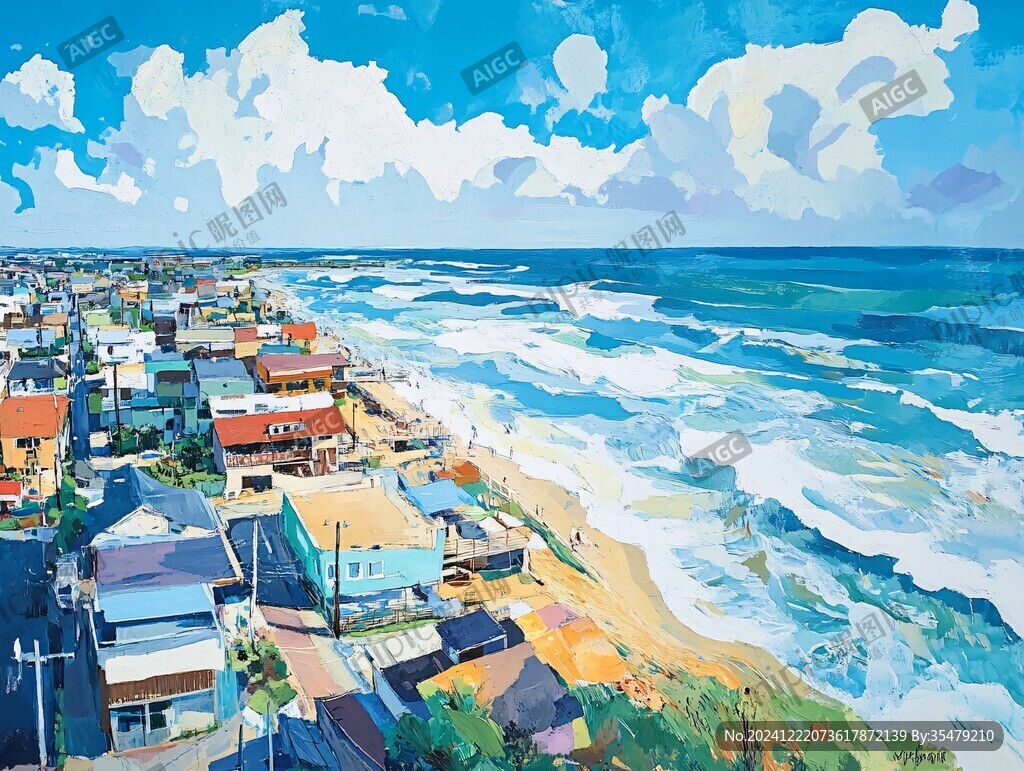 海濱小鎮(zhèn)油畫