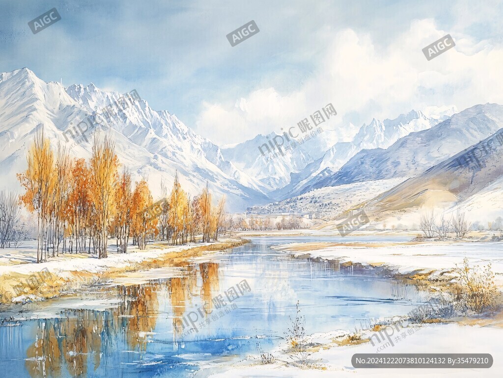 雪山河流油畫