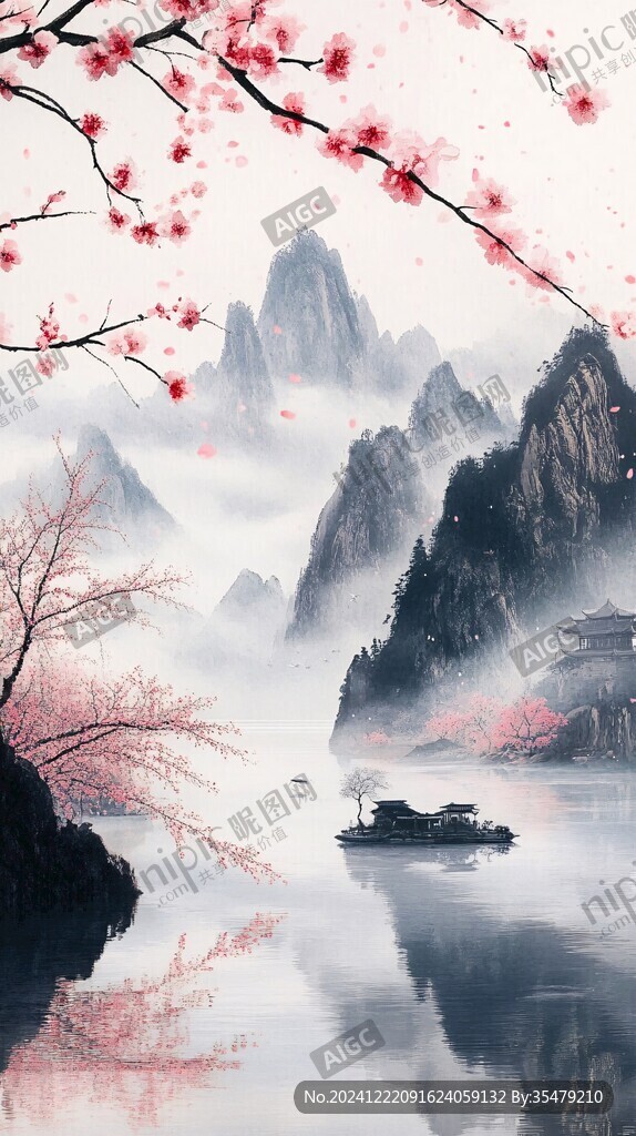 水墨桃花禪意山水