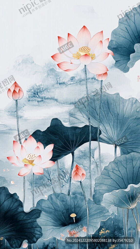 深藍(lán)背景荷花圖