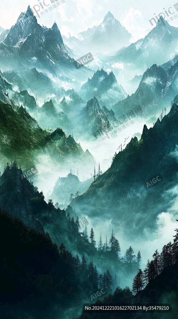 飄渺遠山云霧風景畫