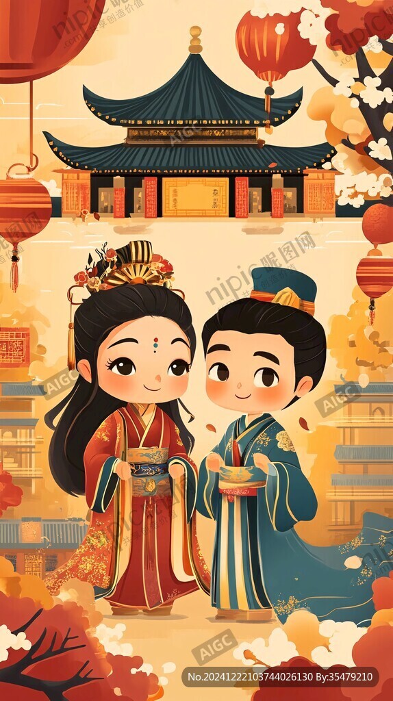 漢族人物情侶插畫