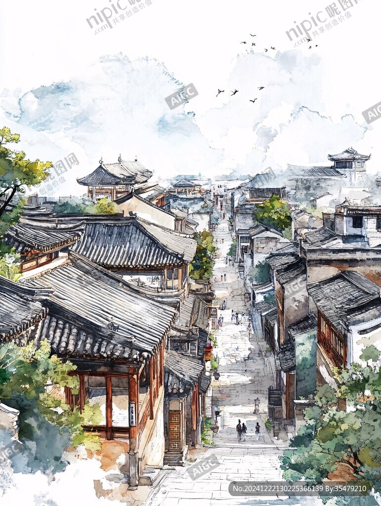 原創(chuàng)水彩古都風(fēng)光