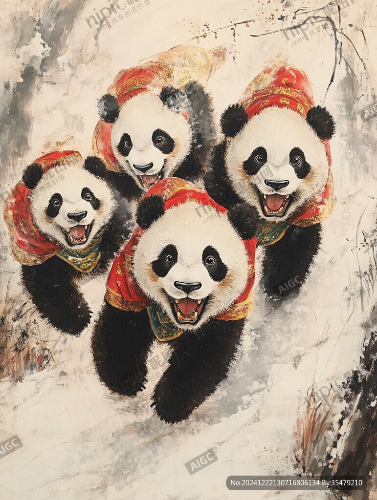 手繪滑雪的熊貓裝飾畫