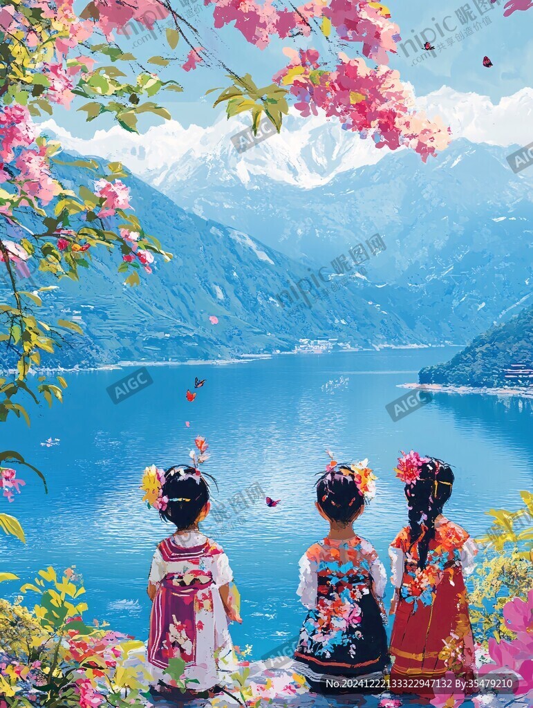 插畫羌族水彩水墨山水