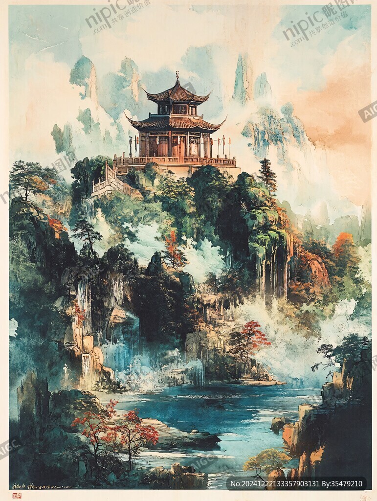 古風亭臺樓閣油畫