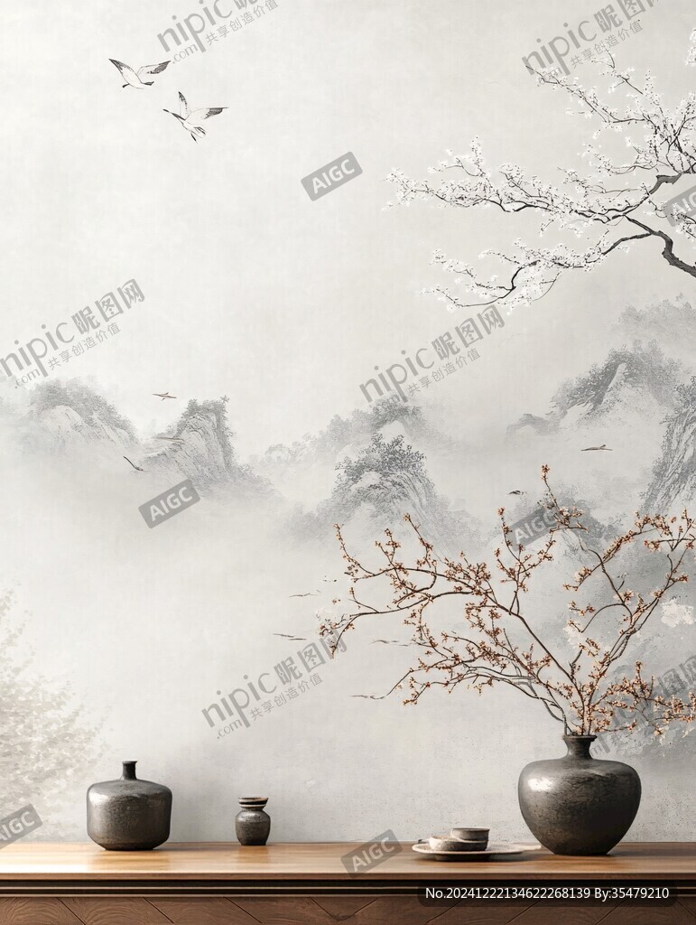 新中式墻布背景場景圖