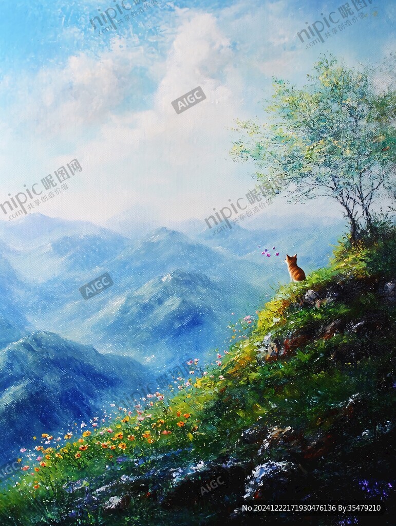 山峰山水畫油畫梅花鹿