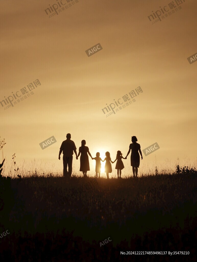 家人夕陽(yáng)下散步剪影