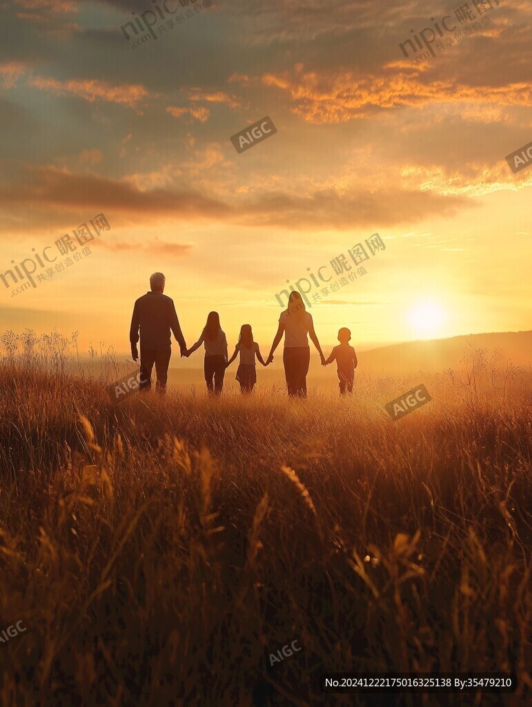 家人夕陽下散步剪影