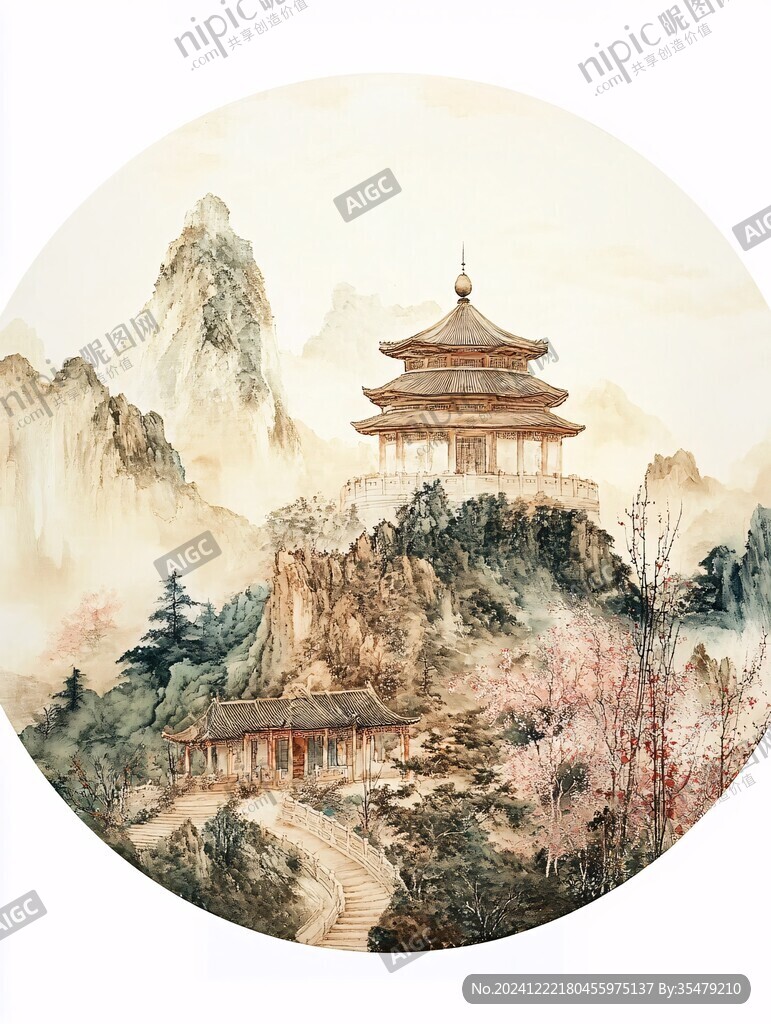 工筆樓閣亭臺圓形框畫