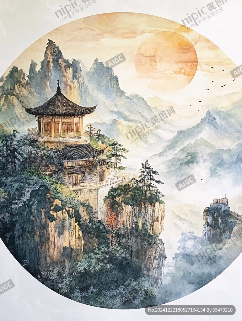 旭日東升樓閣山水畫