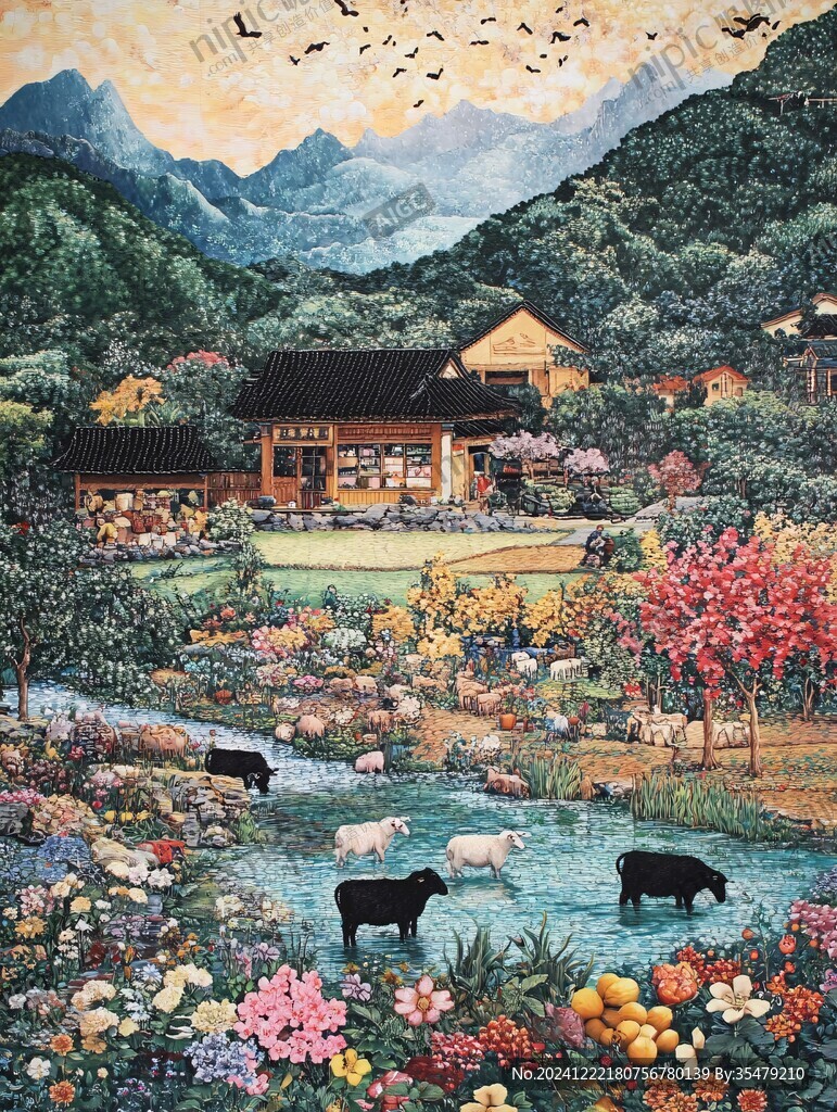 巨幅花草山水