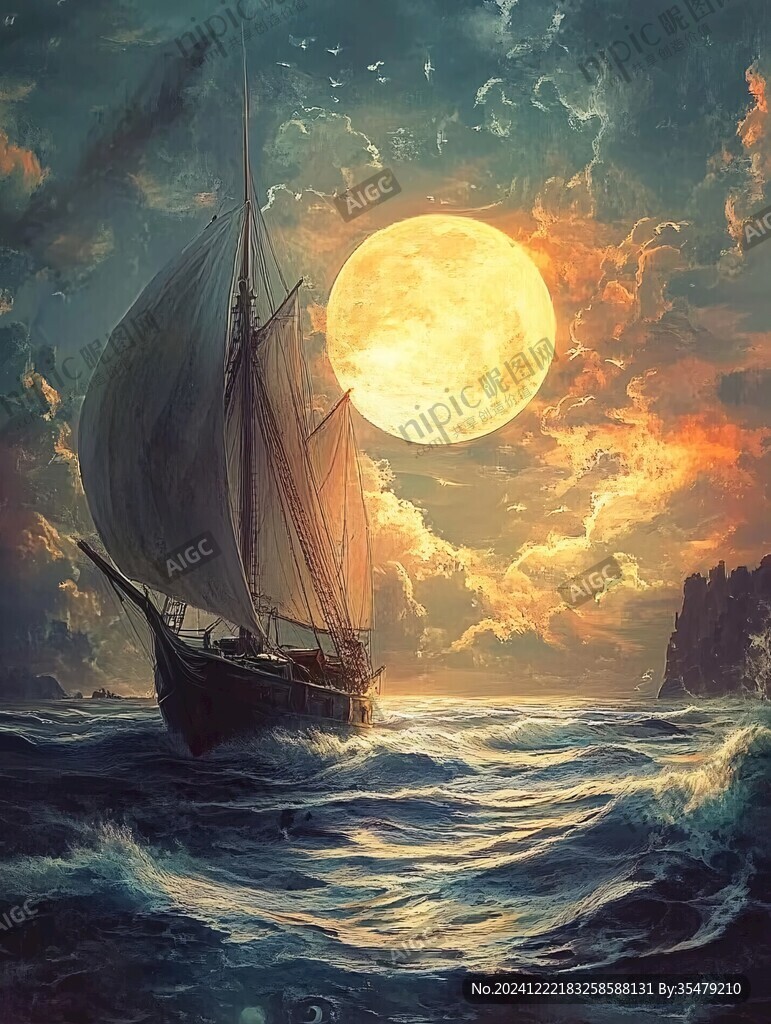 海洋大海月光帆船