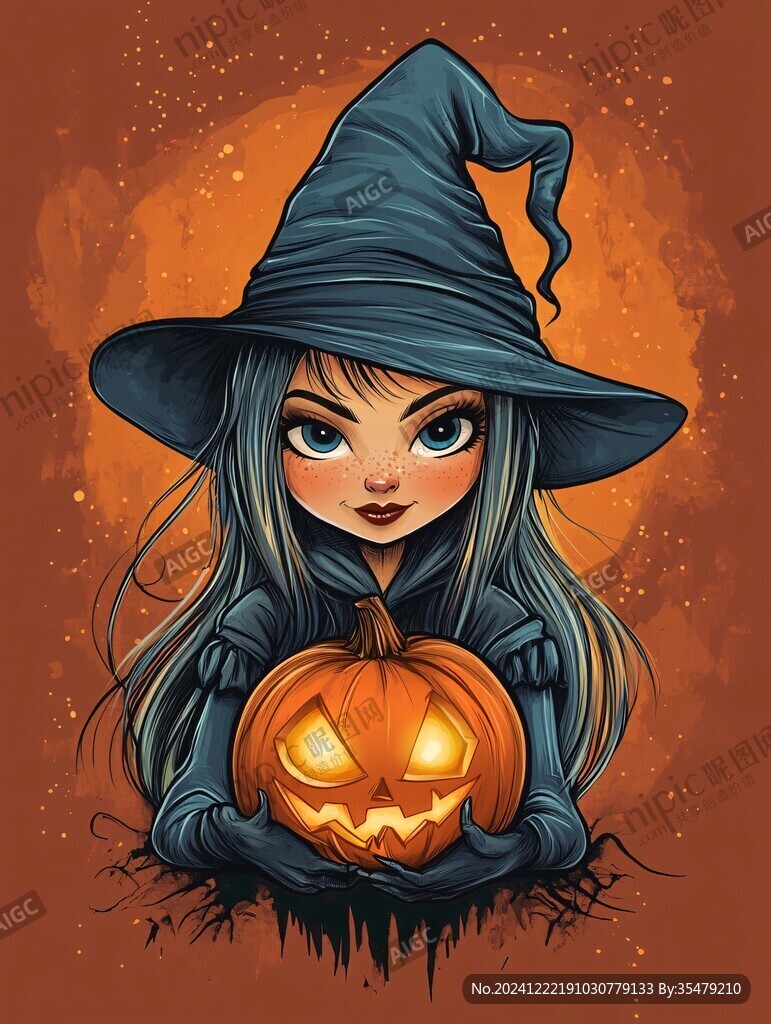 魔法女巫南瓜燈插畫