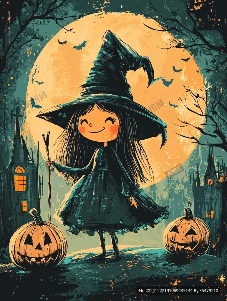 魔法女巫南瓜燈插畫