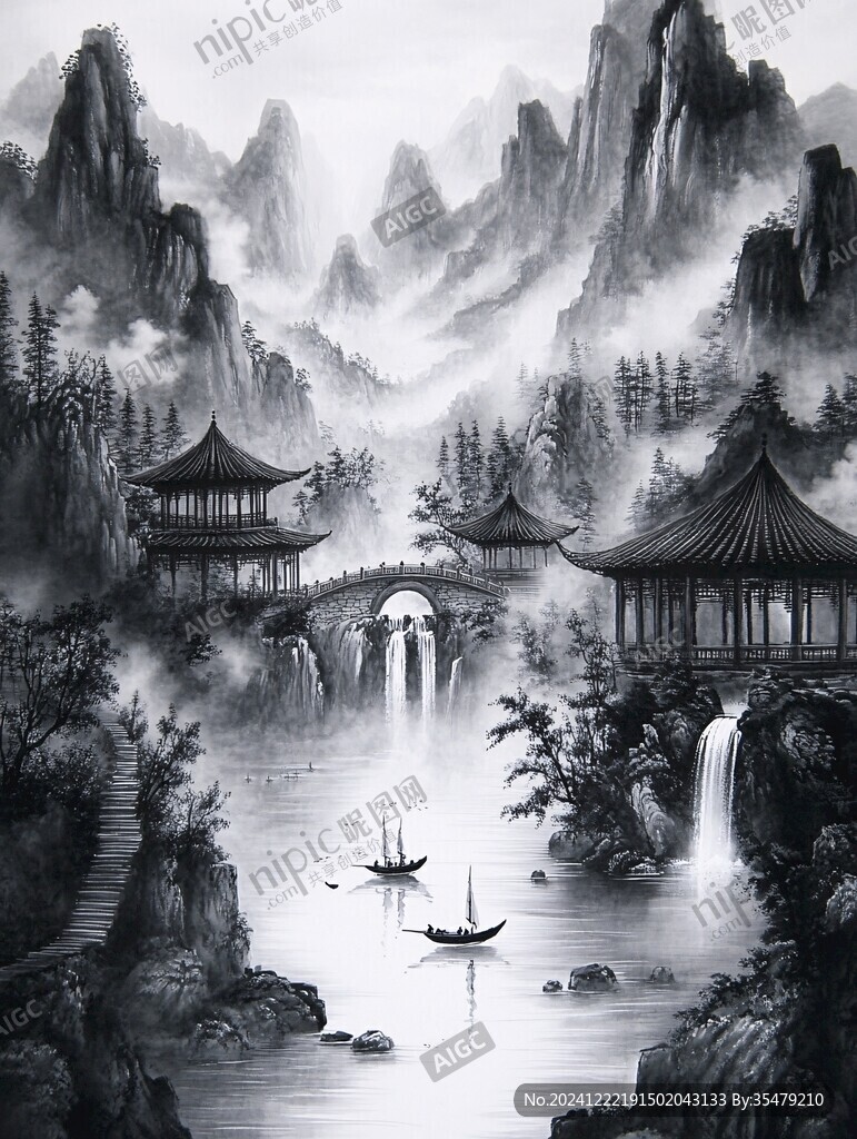 水墨數(shù)字畫工筆山水