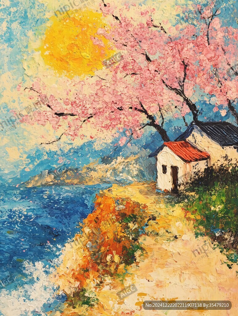 桃花風(fēng)景油畫