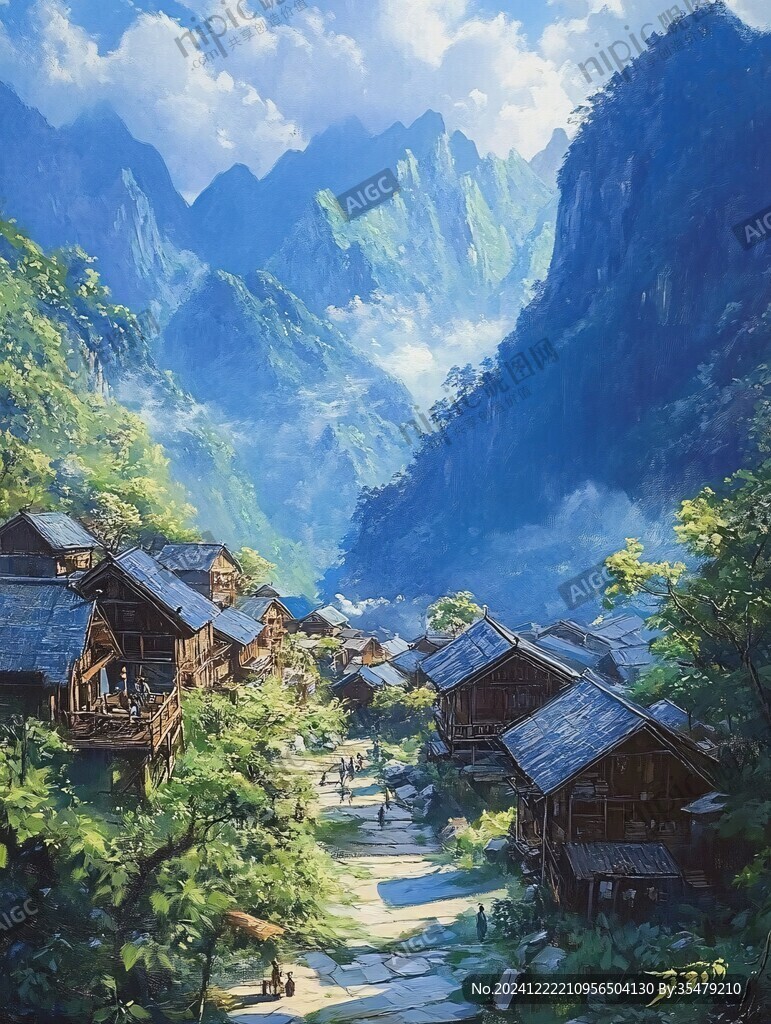 瑤族村寨油畫
