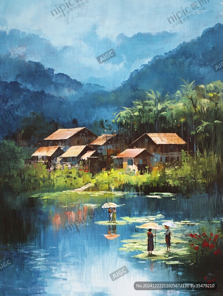 瑤族村寨油畫