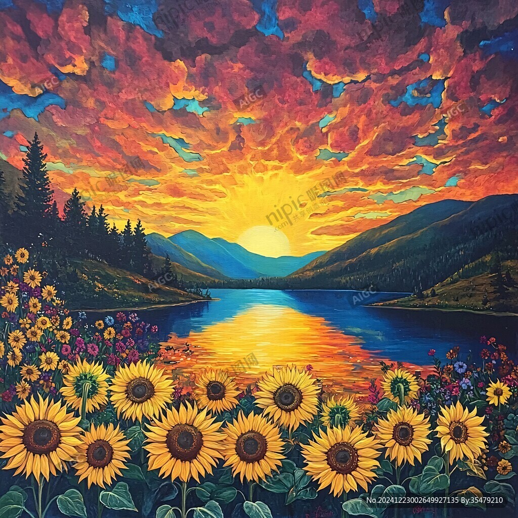 山水夕陽油畫