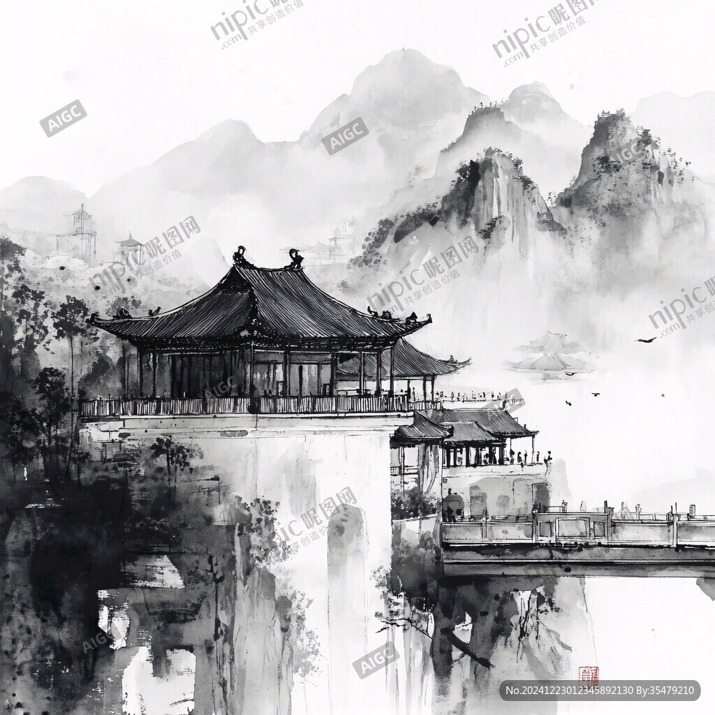 插畫橫店水彩水墨山水