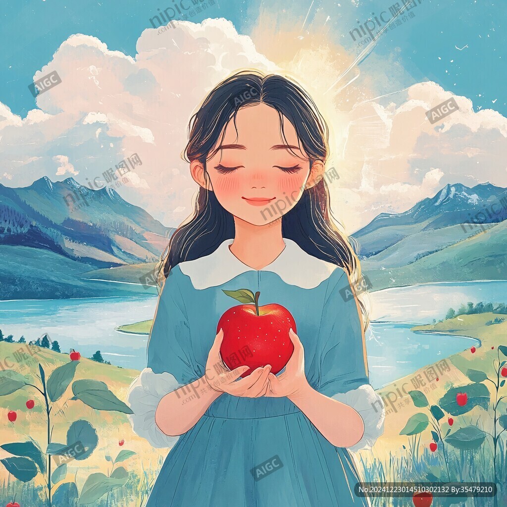 小女孩摘蘋果插畫
