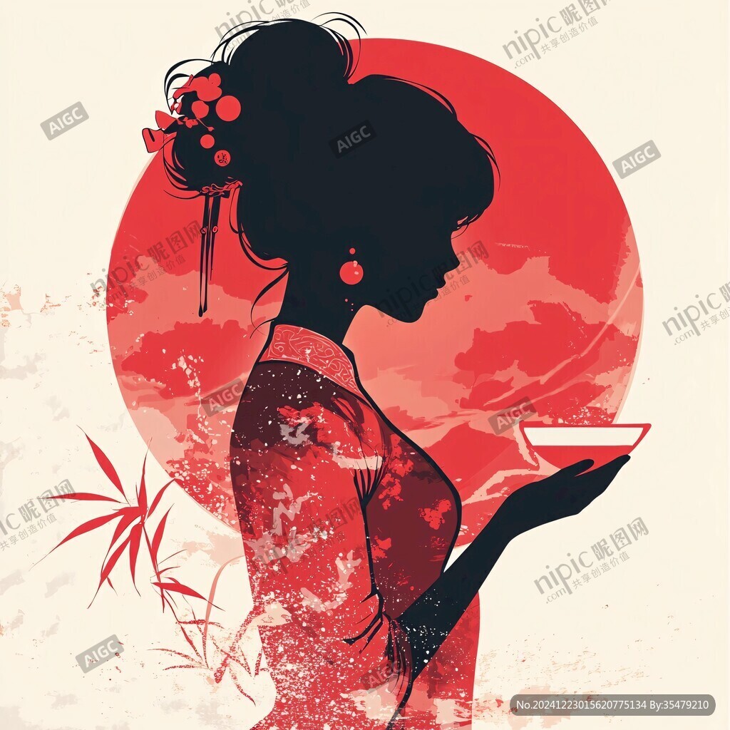 喝茶的旗袍美女插畫