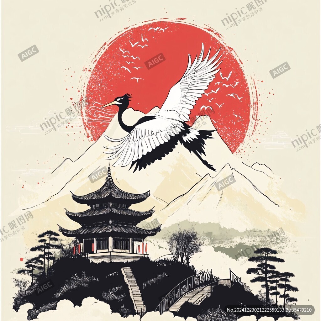 仙鶴樓閣復古瑞鶴圖