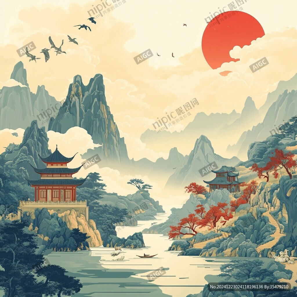 仙鶴樓閣山水插畫
