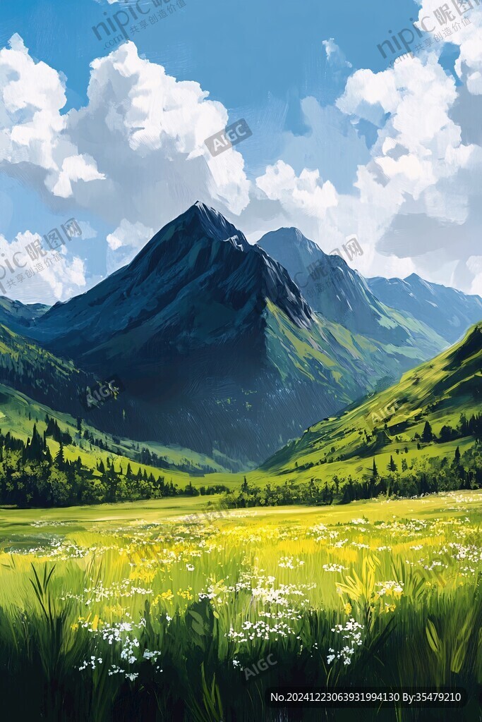 手繪森林山峰草地