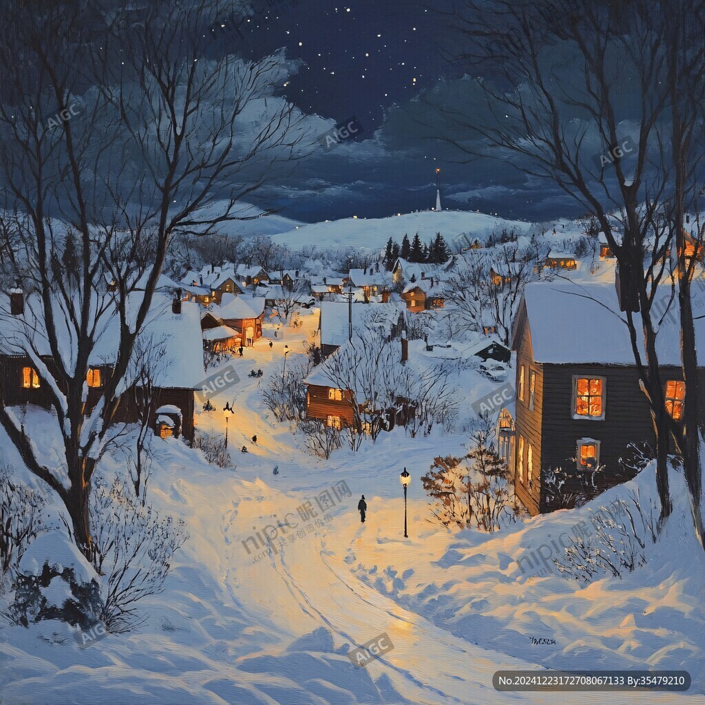 手繪雪夜風(fēng)景無框畫