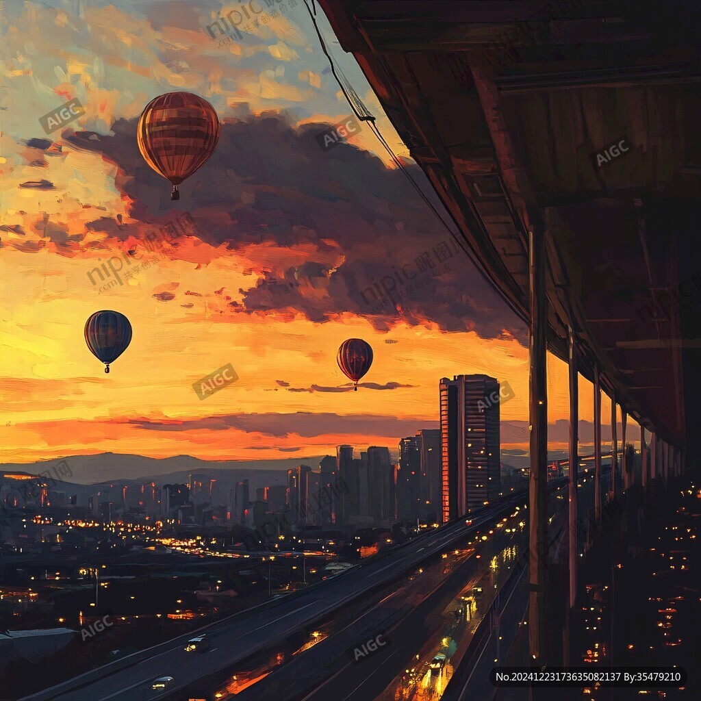 插畫城市夕陽